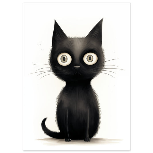 Poster „Blinky“ mit schwarze Cartoonkatze mit großen runden Augen auf hellem Grund, Format 13 × 18 cm