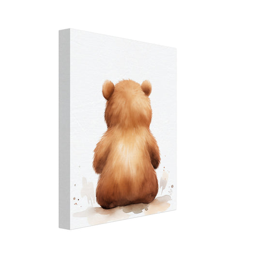 Leinwand „Cubby“ mit kleiner brauner Teddybär von hinten auf hellem Grund, Format 20 × 25 cm