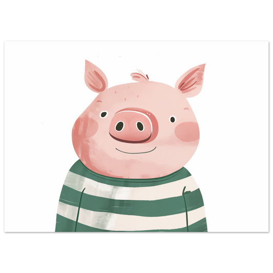 Poster „Hanky das fröhliche Schweinchen“ mit niedliches rosa Schweinchen im grün-weiß gestreiften Shirt auf hellem Grund, 13x18 cm