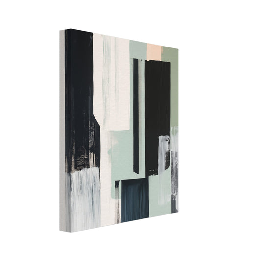 Leinwand „Urban Serenity , Abstrakte Komposition“ mit geometrischen Flächen in Schwarz, Weiß, Salbeigrün und Beige, 20x25 cm