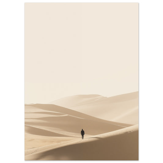 Poster „Einsamer Wanderer“ mit kleine Wanderfigur in weiten sandfarbenen Dünen, 13x18 cm