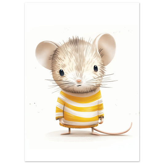 Poster „Maxi Maus“ mit niedliche helle Maus im gelb-weiß gestreiften Shirt auf weißem Grund, 13x18 cm