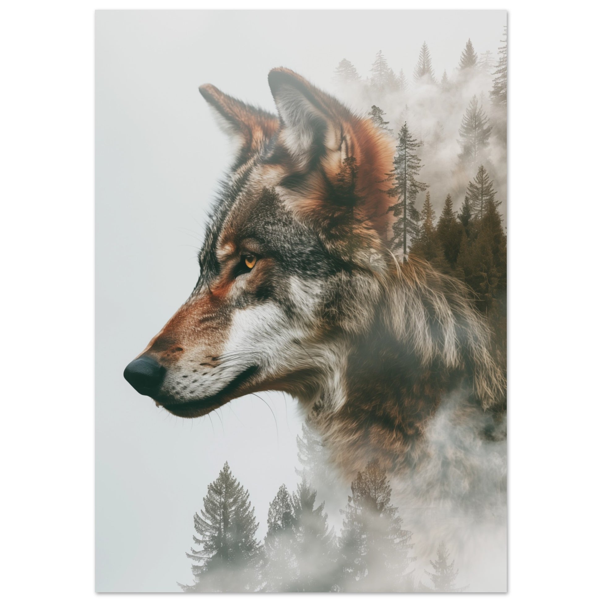 Wandbild „Wolf im Wald“ mit Wolfsporträt mit nebligem Wald als Doppelbelichtung, A4 21x29.7 cm