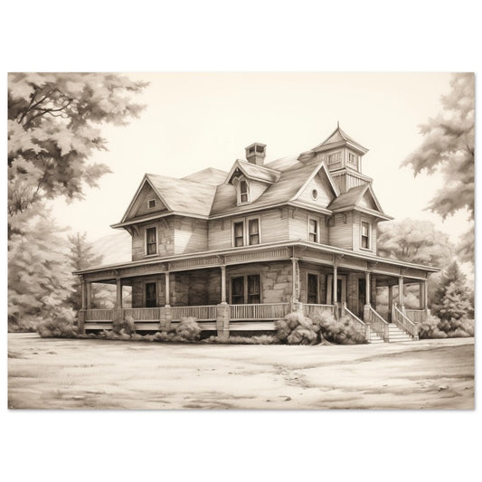 Poster „Echoes of the Past“ mit historisches viktorianisches Holzhaus in sepiafarbener Vintage-O, 13x18 cm