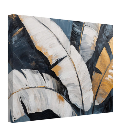 Leinwand „Banana Leaf Eleganz“ mit großen tropischen Blättern in Creme, Schwarz und Senfgold, 30 × 40 cm