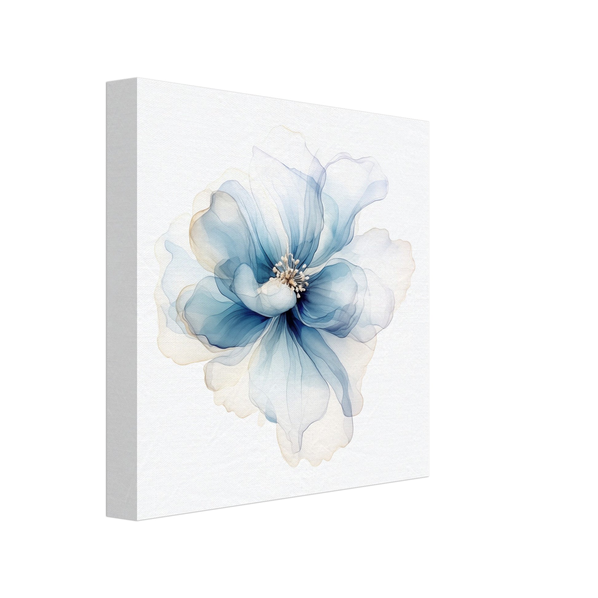 Leinwand „Aquarellblüte in Blau“ mit blauer Aquarellblüte mit weichen transparenten Blütenblättern, 20 × 20 cm