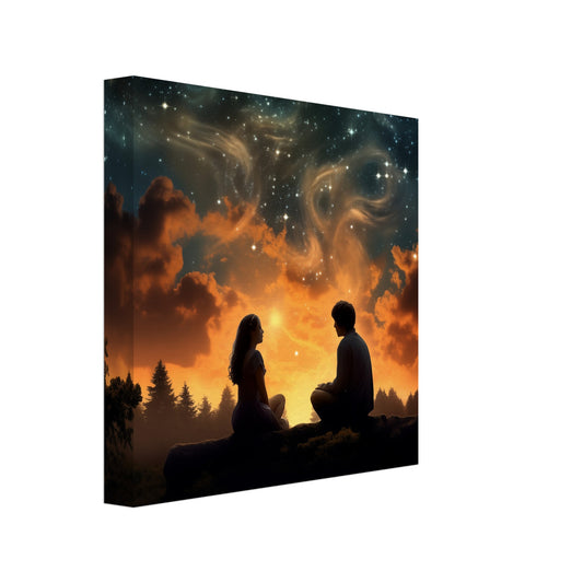 Leinwand „Sternennachtgespräch“ mit zwei Silhouetten unter leuchtendem Sternenhimmel, 20x20 cm