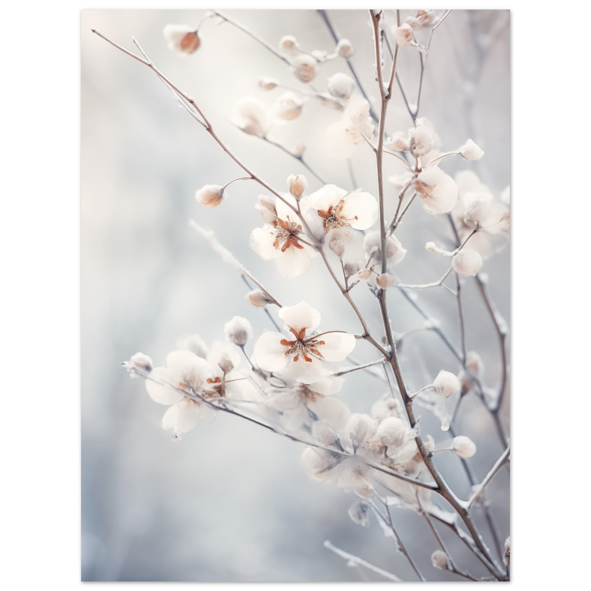 Poster „Winterflor“ mit hellen Blütenzweigen vor blau-grauem Hintergrund, 30x40 cm