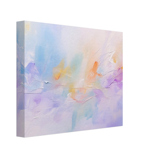 Leinwand „Tanz der Töne“ mit sanfte abstrakte Farbwolken in Pastellblau, Rosa, Flieder und Gelb, 20x25 cm