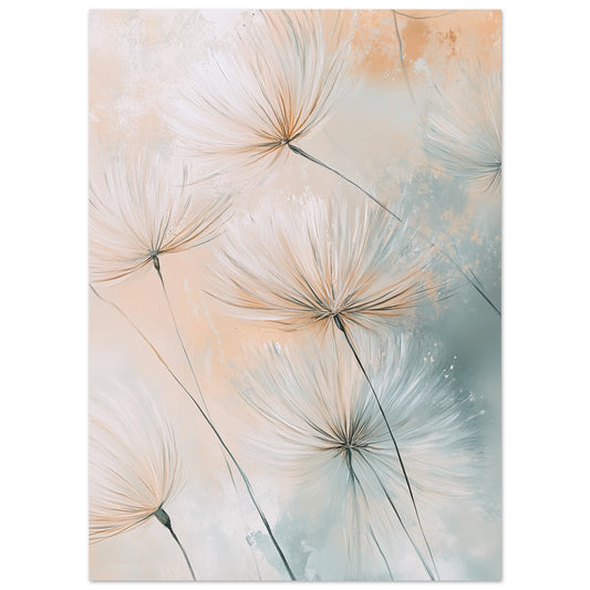 Poster „Leichtigkeit der Natur“ mit zarte Löwenzahnsamen in Creme, Apricot und hellem Türkis, 13x18 cm