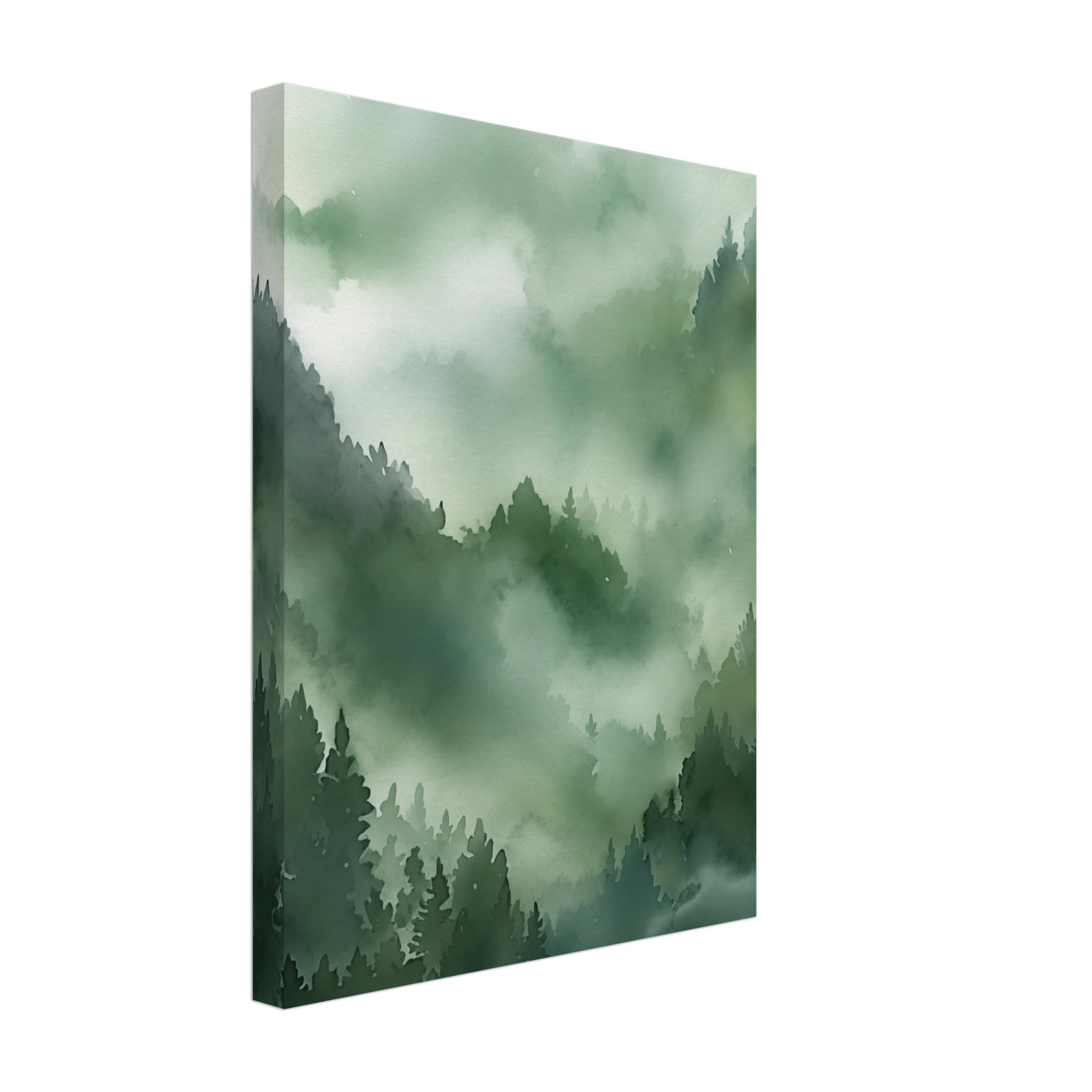 Leinwand „Morgendämmerung im Urwald“ mit nebliger Wald- und Berglandschaft in Grün und Mint, 30x40 cm