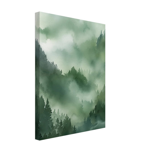 Leinwand „Morgendämmerung im Urwald“ mit nebliger Wald- und Berglandschaft in Grün und Mint, 30x40 cm