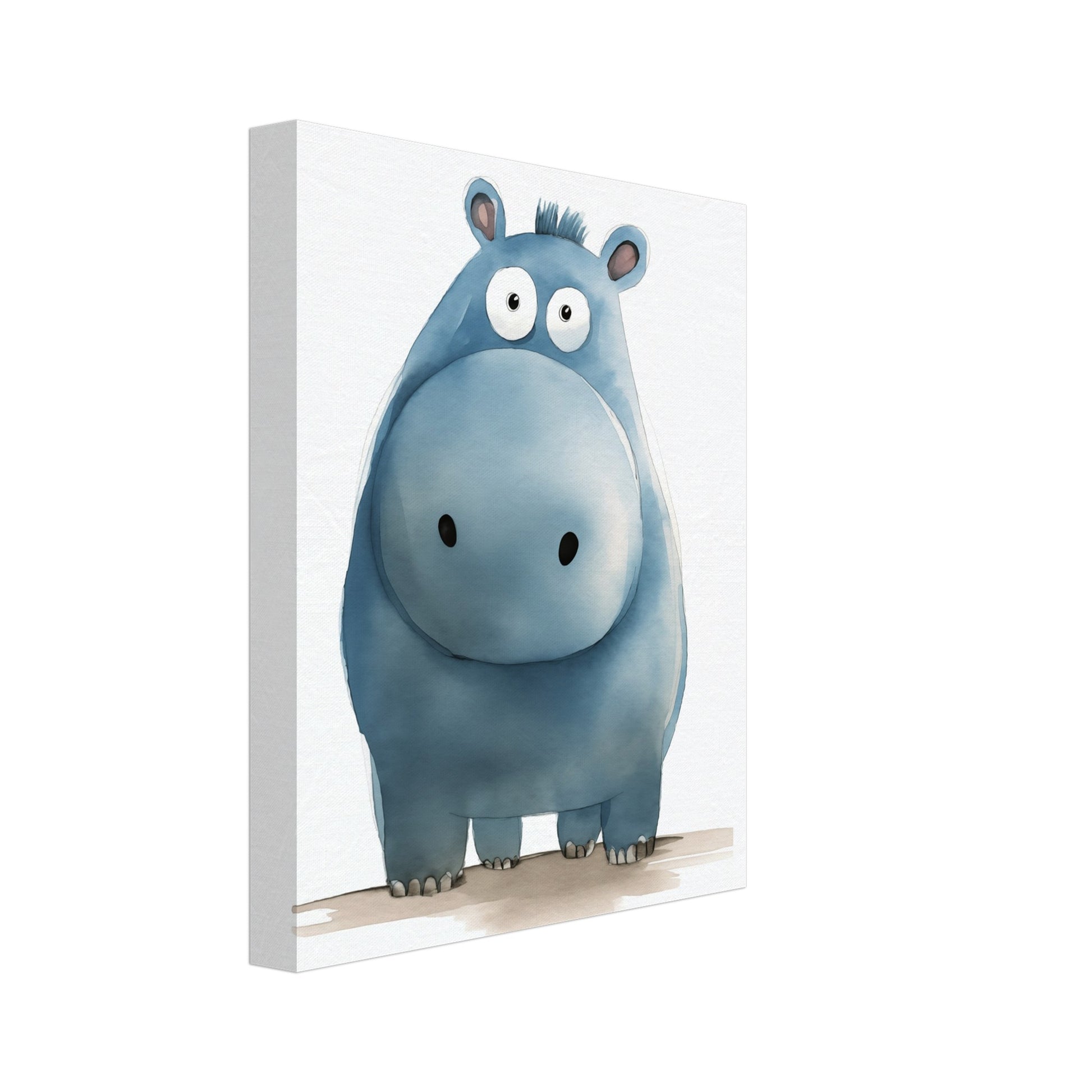 Leinwand „Gumpy“ mit niedliches blaues Nilpferd mit großen Augen auf weißem Grund, 20x25 cm