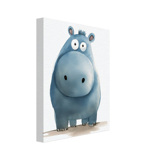 Leinwand „Gumpy“ mit niedliches blaues Nilpferd mit großen Augen auf weißem Grund, 20x25 cm