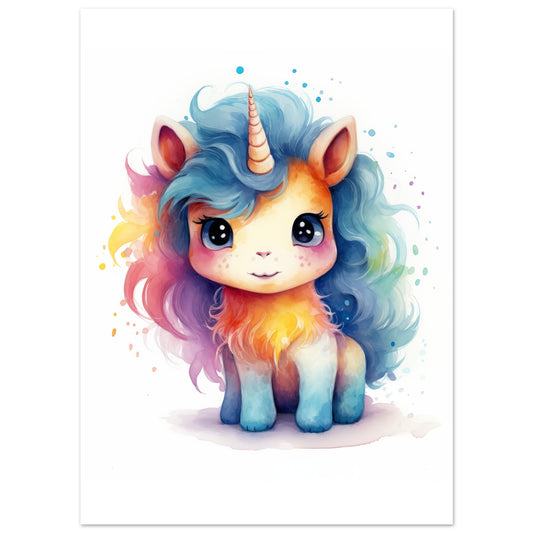 Poster „Einhorn "Stella"“ mit niedliches blaues Einhorn mit bunter Regenbogenmähne, 13x18 cm