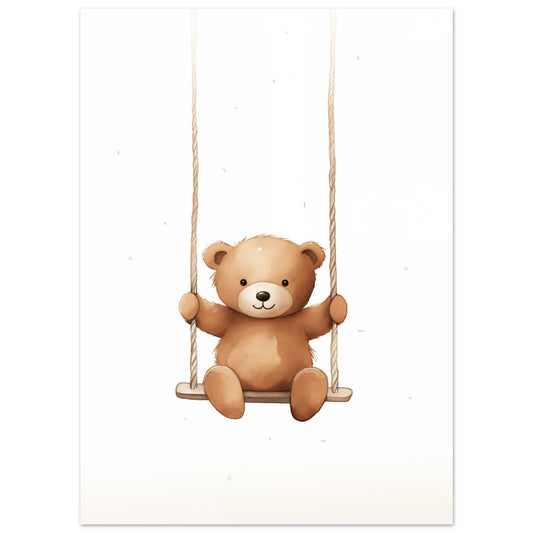 Poster „"Swingy", der kleine Bär“ mit niedlichem braunem Teddybär auf einer Schaukel, 13x18 cm