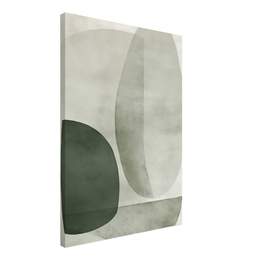 Leinwand „Klare Gedanken“, 50 × 70 cm, mit organischen Formen in Salbeigrün, Grau, Creme und Dunkelgrün