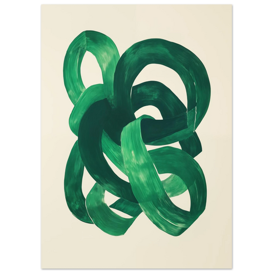 Poster „Verschlungene grüne Pinselstriche“ mit verschlungene grüne Pinselstriche als abstrakte Schleifen auf hellem Grund, 13x18 cm