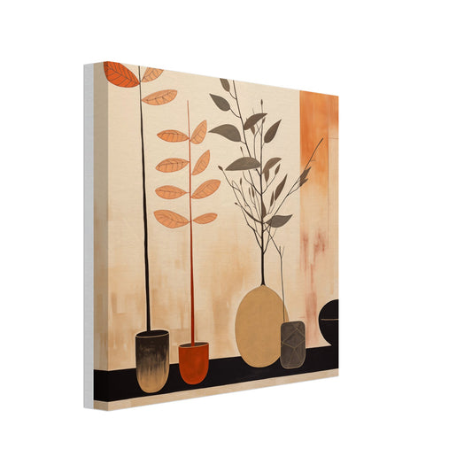 Leinwand „Pflanzen in Ambers Atelier“ mit stilisiertes Pflanzen-Stillleben mit Vasen und Zweigen in warmen Naturtönen, 20x20 cm