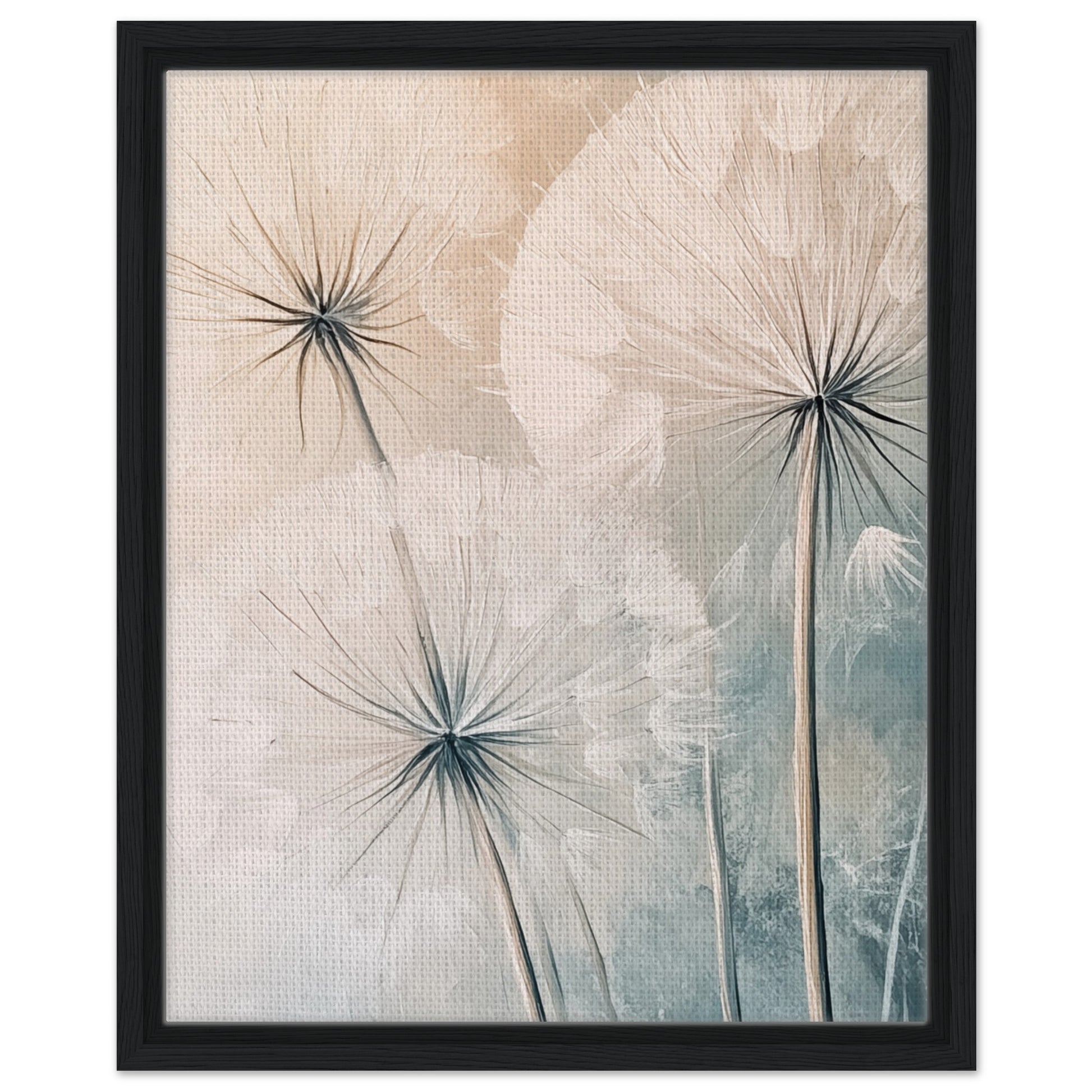 Gerahmte Leinwand „Zarte Pusteblumen“, schwarzer Rahmen, 40 × 50 cm, mit zarten Pusteblumen in Creme und Blau