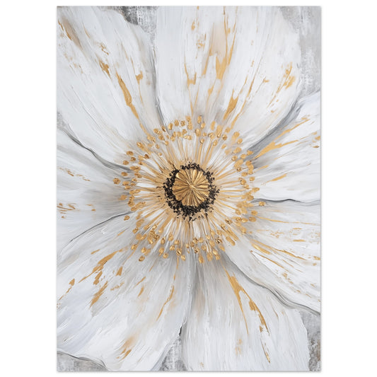 Poster „Weiße Blume mit goldenen Akzenten“ mit weiße Blüte in Nahaufnahme mit warmen goldenen Akzenten im Zentrum, 13x18 cm