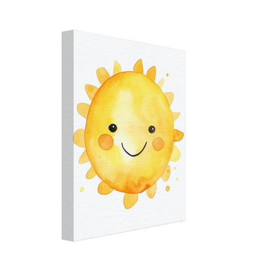 Leinwand „Sunny, die Sonne“ mit niedlicher lächelnder gelber Sonne auf weißem Grund, 20x25 cm