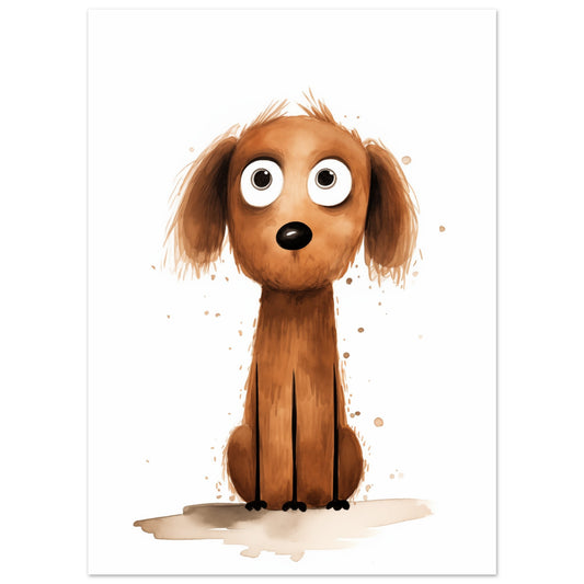 Poster „Buddy“ mit freundlicher brauner Cartoonhund mit großen wachsamen Augen, Format 13 × 18 cm