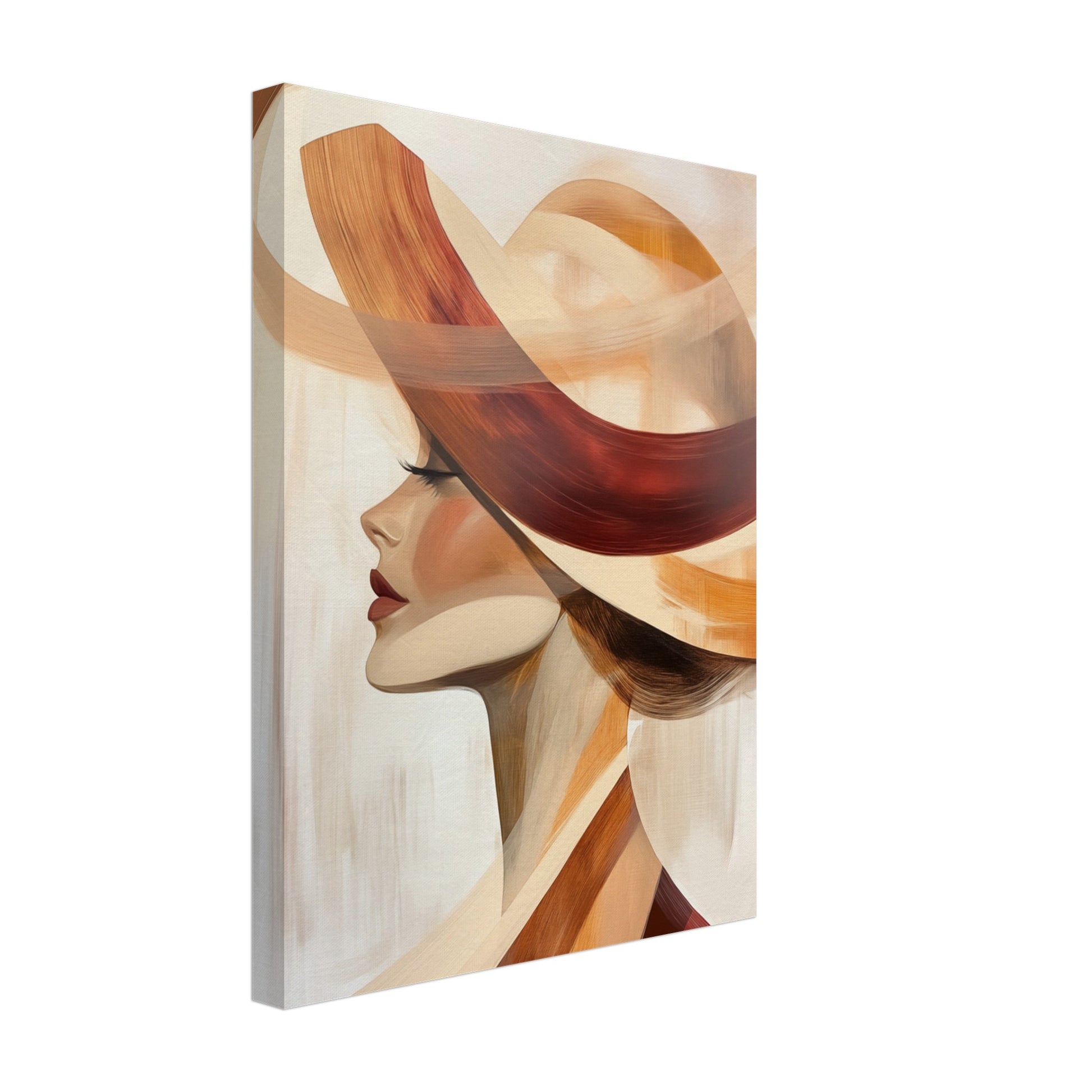 Leinwand „Fließende Formen“ mit Frauenprofil mit großem, fließendem Hut in Creme, Rost, Braun und Orange, 30x40 cm
