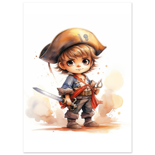 Poster „Pirat "Pete"“ mit niedlicher kleiner Pirat mit Hut und Schwert in Kinderbuchoptik, 13x18 cm