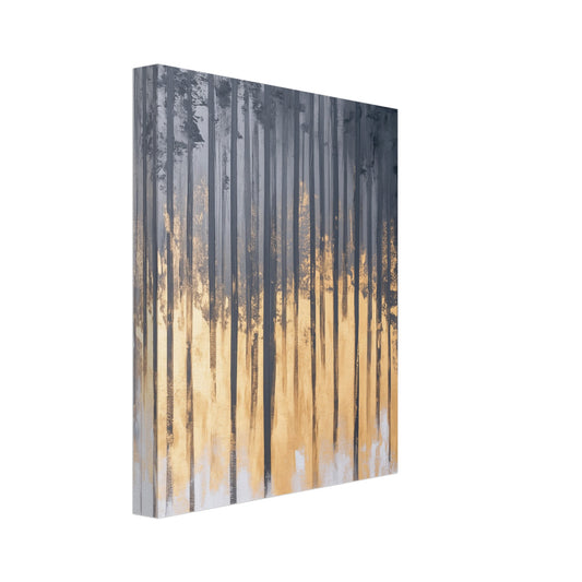 Leinwand „Sonnenaufgang im Birkenwald“ mit abstraktem Birkenwald aus Grau-, Schwarz- und Goldstrukturen, 20x25 cm