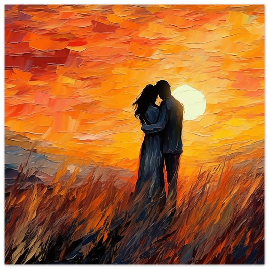 Poster „Sonnenuntergang“ mit Liebespaar vor leuchtend orangefarbenem Sonnenuntergang, 25x25 cm