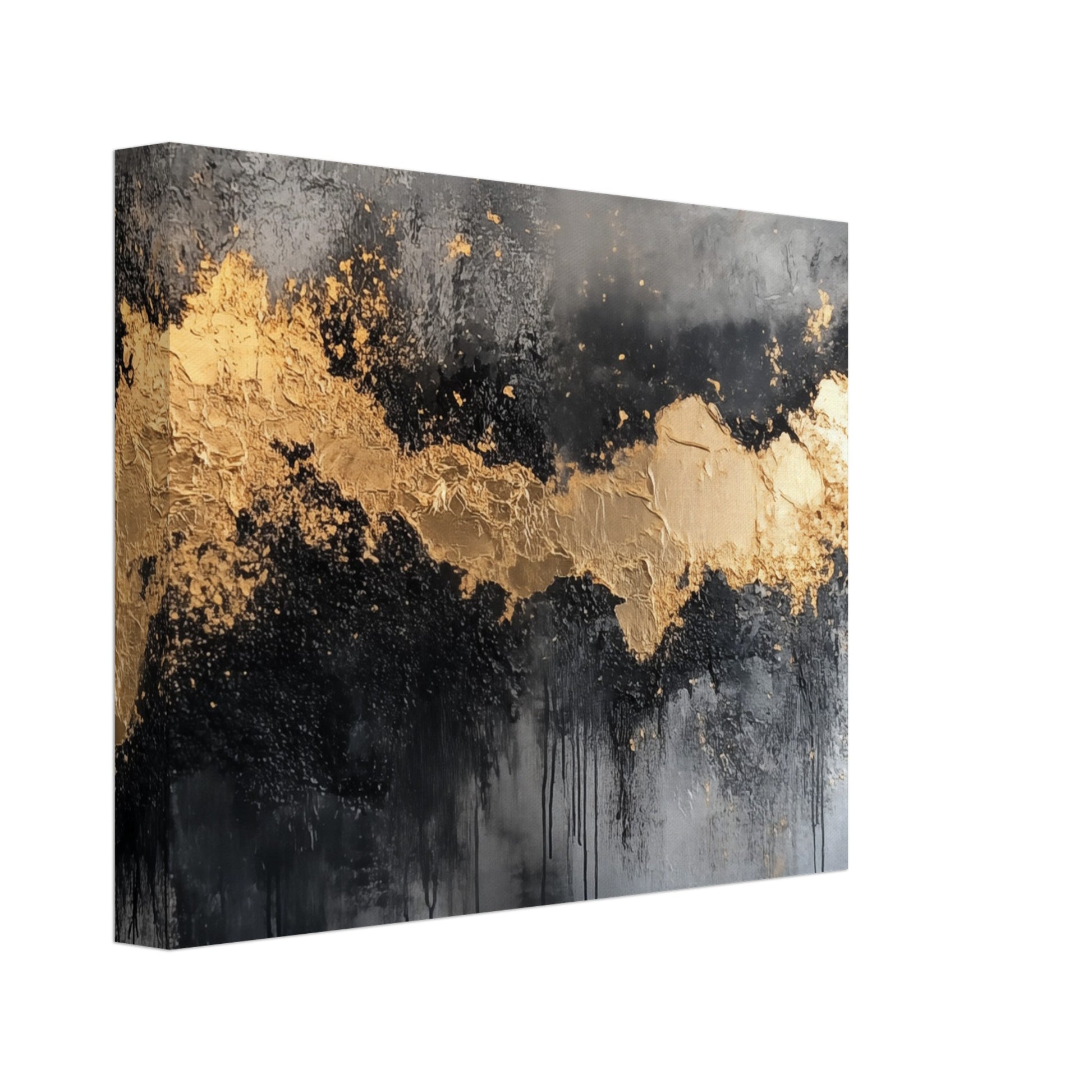 Leinwand „Golden Eclipse“ mit goldenem Farbstrom über dunklen Grau- und Schwarztönen, 20x25 cm