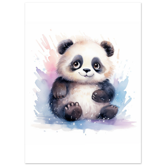 Poster „Panda "Penny"“ mit niedlicher Panda in weicher Aquarelloptik mit blauen und violetten Spritzern, 13x18 cm
