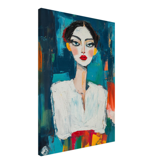 Leinwand „Ausdrucksstarke Eleganz“ mit Frauenporträt mit dunklem Haar, roten Lippen und Petrolhintergrund, 50 × 70 cm
