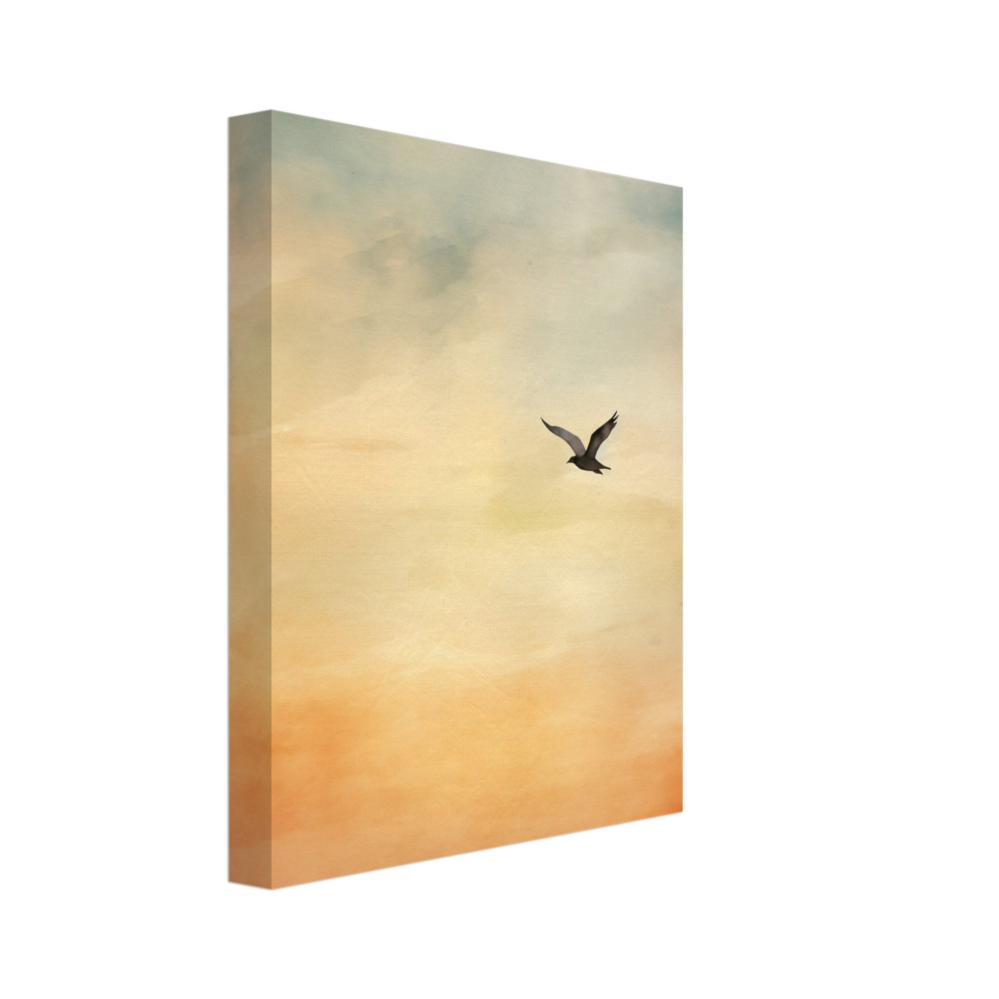 Leinwand „Flug in den Sonnenuntergang“ mit einzelner Vogel im Flug vor weich verlaufendem Sonnenuntergang in Orange, Gelb und Blau, 20x25 cm