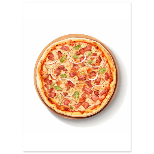 Poster „Klassische Pizza“ mit klassische Pizza mit Käse, Tomaten, Zwiebeln und Kräutern aus der Vogelperspektive, 13x18 cm