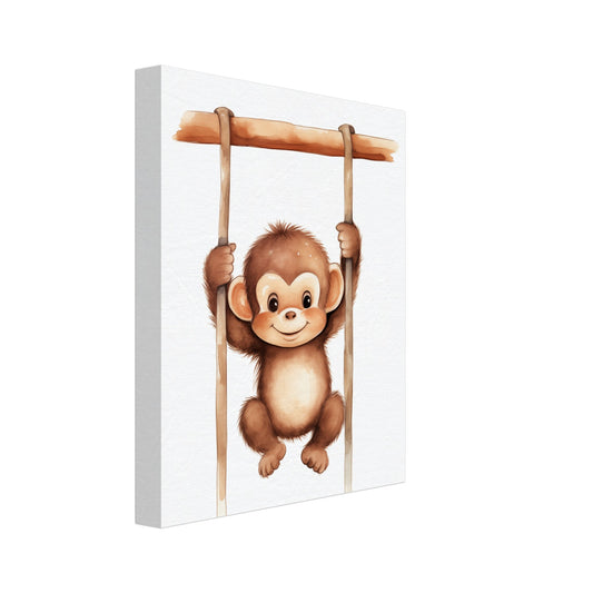 Leinwand „Chip“ mit niedlicher brauner Cartoon Affe, die an einer Holzstange hängt, Format 20 × 25 cm