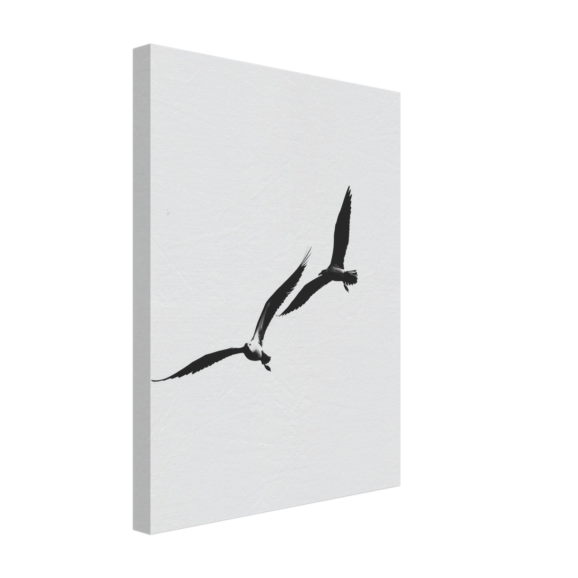 Leinwand „Schwarzer Flug“ mit zwei fliegenden schwarzen Vögeln als minimalistische Silhouetten, 30x40 cm
