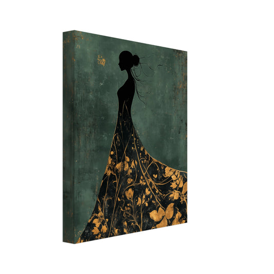 „Goldene Eleganz , Silhouette einer Frau in floraler Pracht“ als Leinwand mit schwarzer Frauensilhouette im Kleid mit goldenem, Ansicht 8