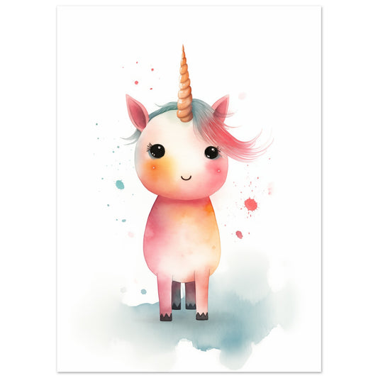 Poster „Sparkle“ mit niedlichem rosa Einhorn mit kleinem Horn und großen dunklen Augen, 13x18 cm