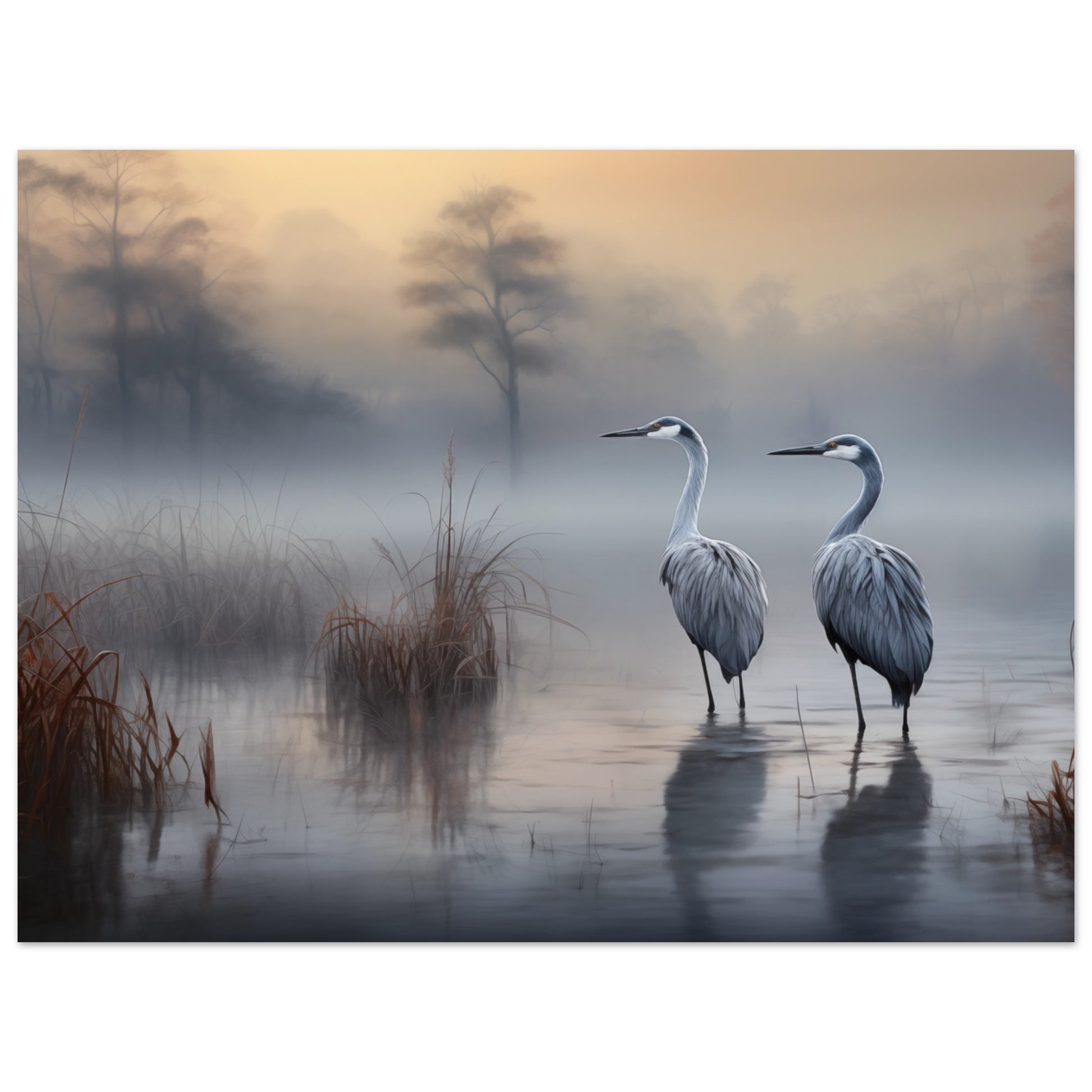 Poster „Morgendämmerung der Kraniche“ mit Kranichen im nebligen See vor graublauer Morgenlandschaft, 30x40 cm