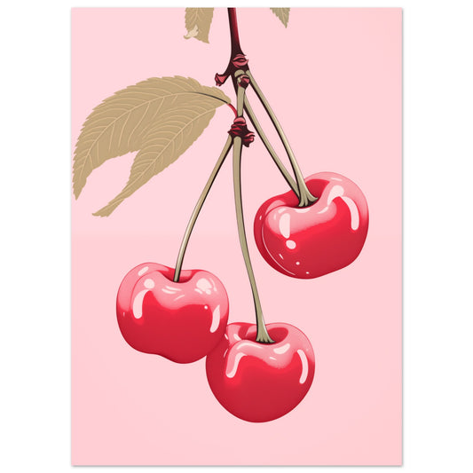 Poster „Glänzende Kirschen“ mit glänzende rote Kirschen mit Blättern auf rosafarbenem Hintergrund, 13x18 cm