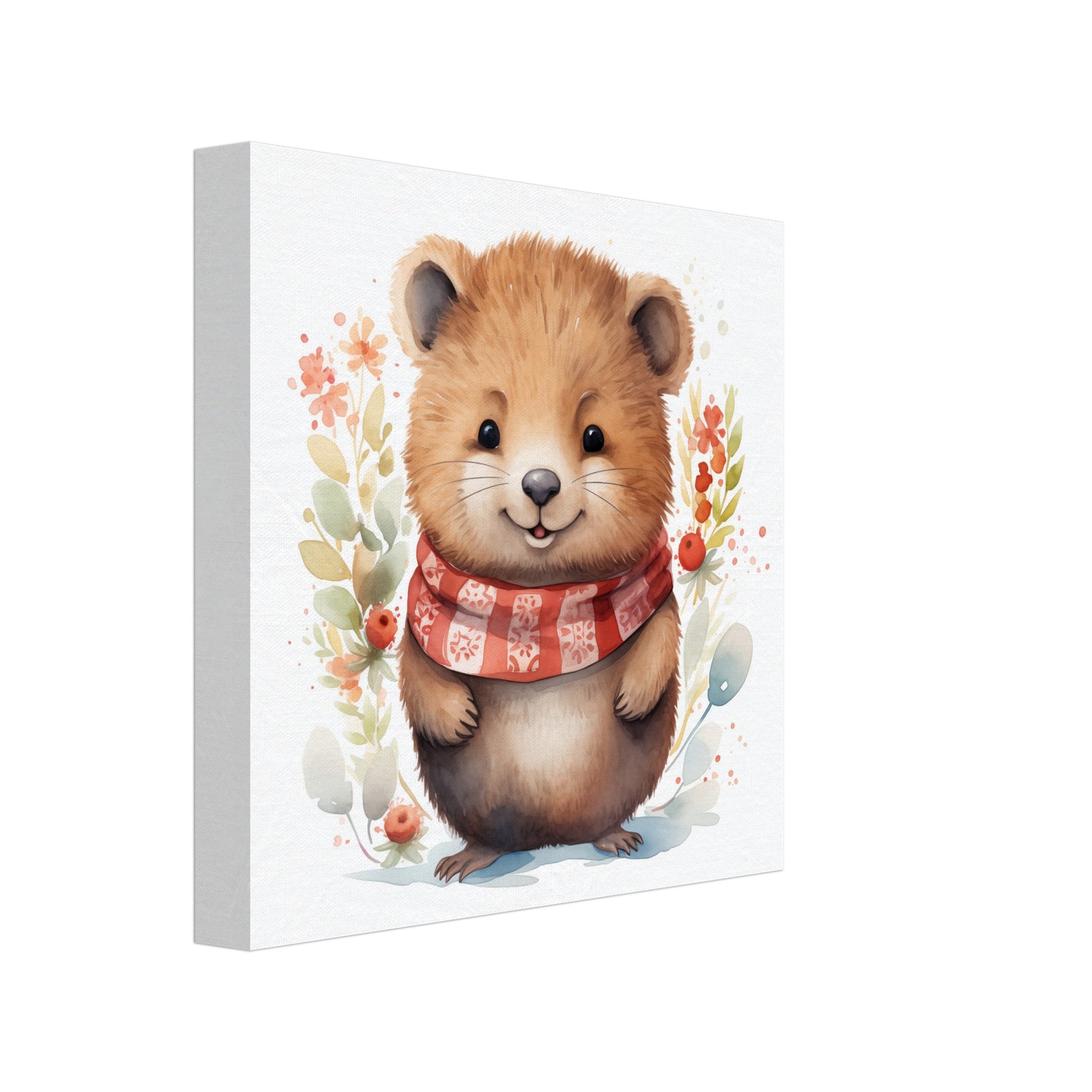 Leinwand „Quokka "Bella"“ mit Quokka mit kariertem Schal und kleinen Blüten, 20x20 cm