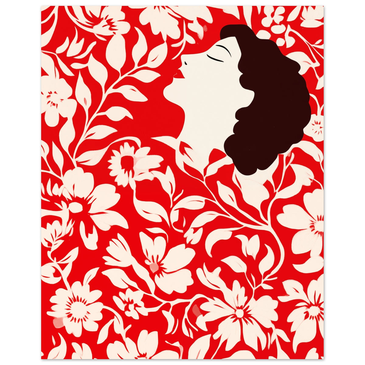 „Blossom Dreams“ als Wandbild mit weibliche Profilsilhouette vor dichtem rot weißem Blütenmuster, Format 40 × 50 cm