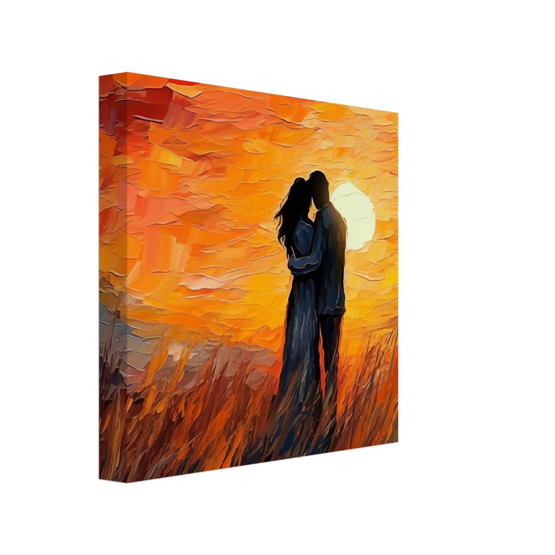 Leinwand „Sonnenuntergang“ mit Liebespaar vor leuchtend orangefarbenem Sonnenuntergang, 20x20 cm